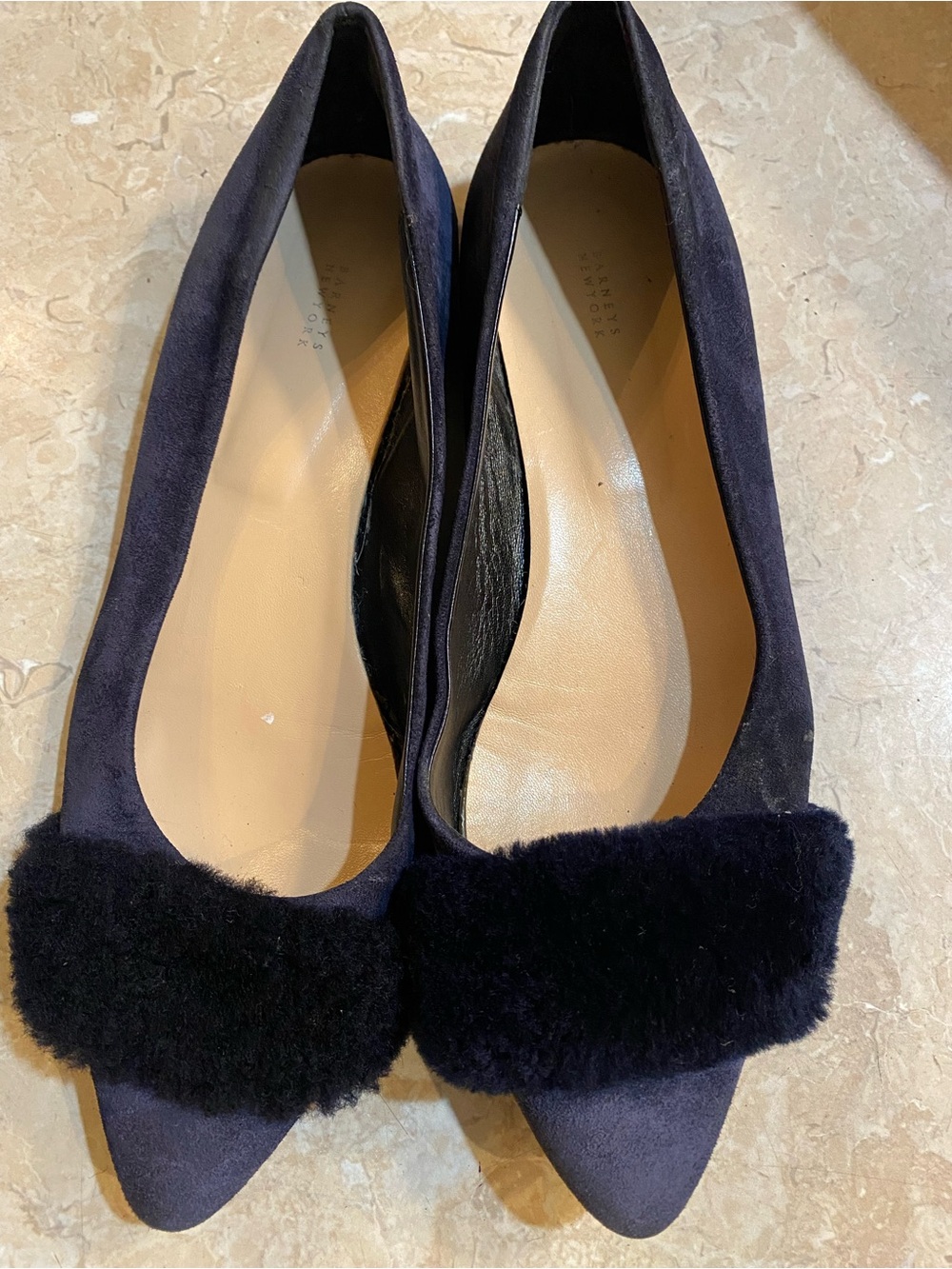 Vero Cuoio Dark Navy Suede Pointed Flats with Fur Strap